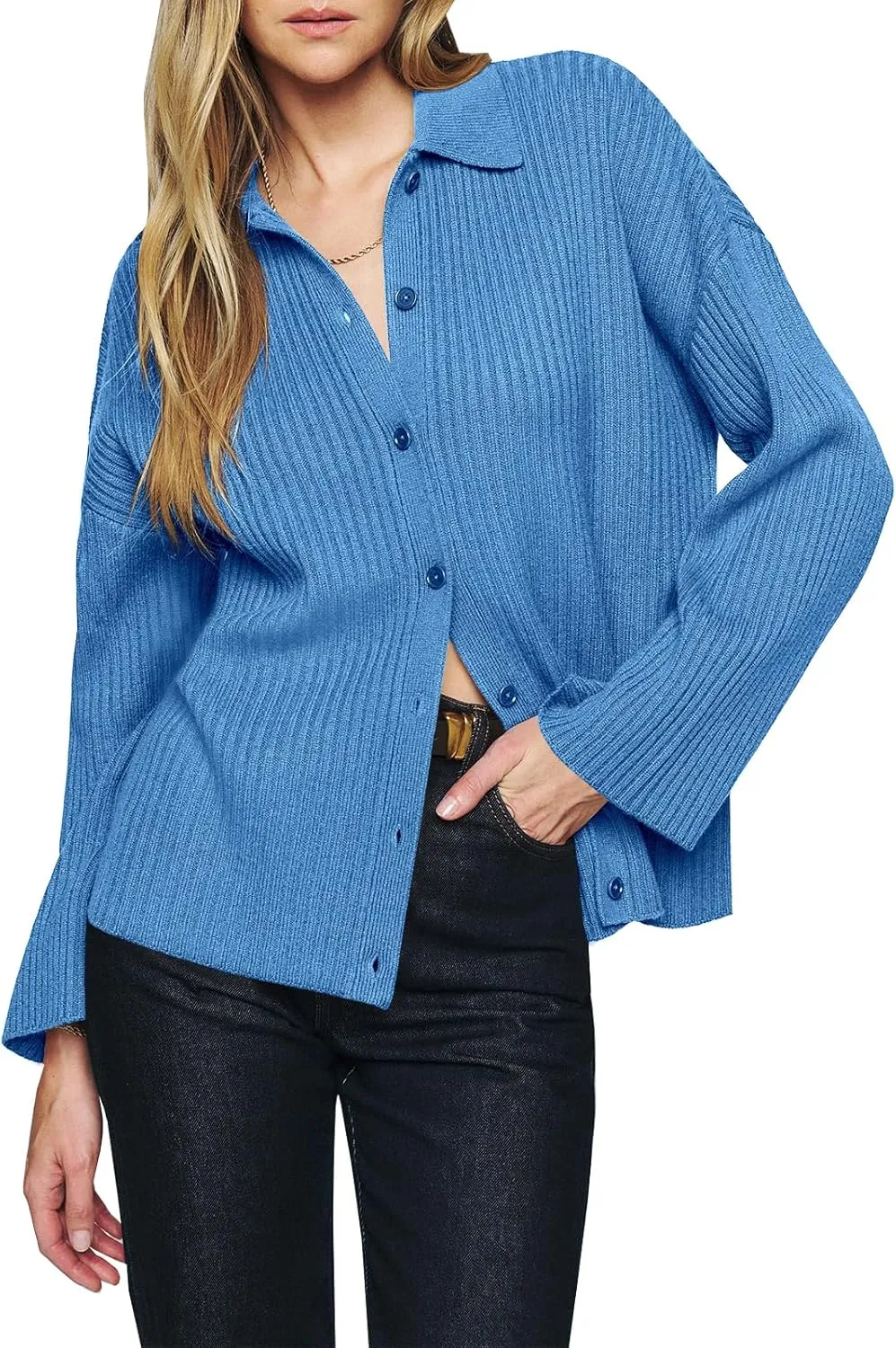 Danedvi Womens Collared Cardigan Sweaters Oversized Ribbed Knit Open Front Button Up Bell Sleeve Outwear