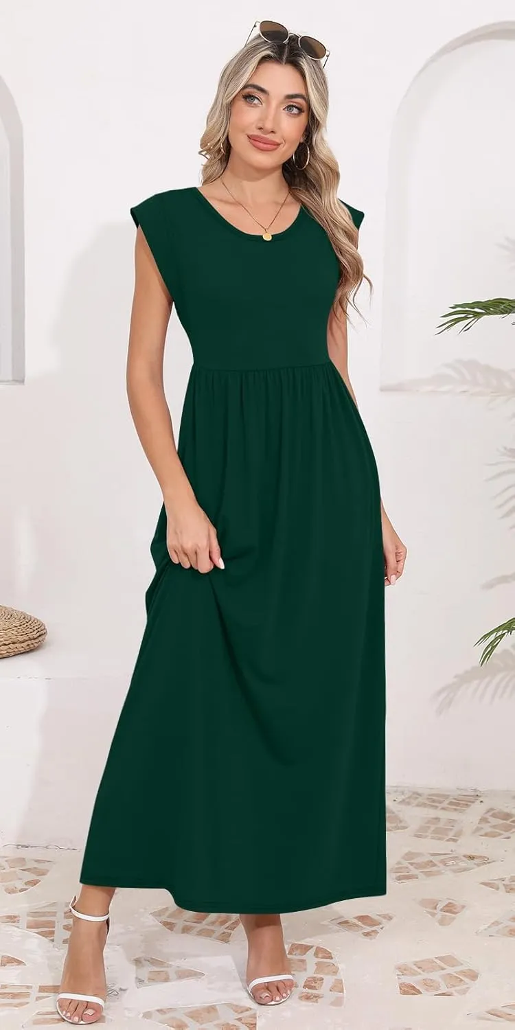 DB MOON Womens 2025 Maxi Dresses Empire Waist Long Summer Dress Casual Cap Short Sleeve Sundress with Pockets