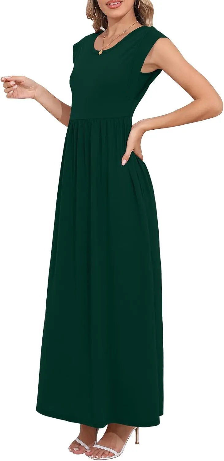 DB MOON Womens 2025 Maxi Dresses Empire Waist Long Summer Dress Casual Cap Short Sleeve Sundress with Pockets