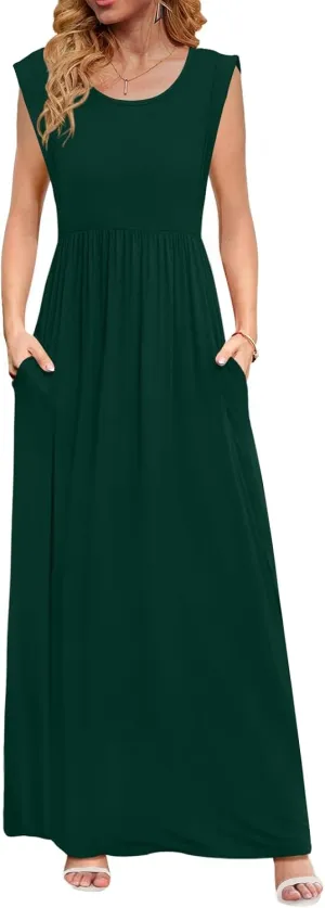 DB MOON Womens 2025 Maxi Dresses Empire Waist Long Summer Dress Casual Cap Short Sleeve Sundress with Pockets