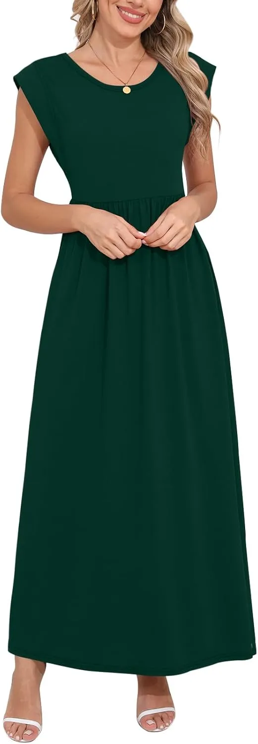 DB MOON Womens 2025 Maxi Dresses Empire Waist Long Summer Dress Casual Cap Short Sleeve Sundress with Pockets