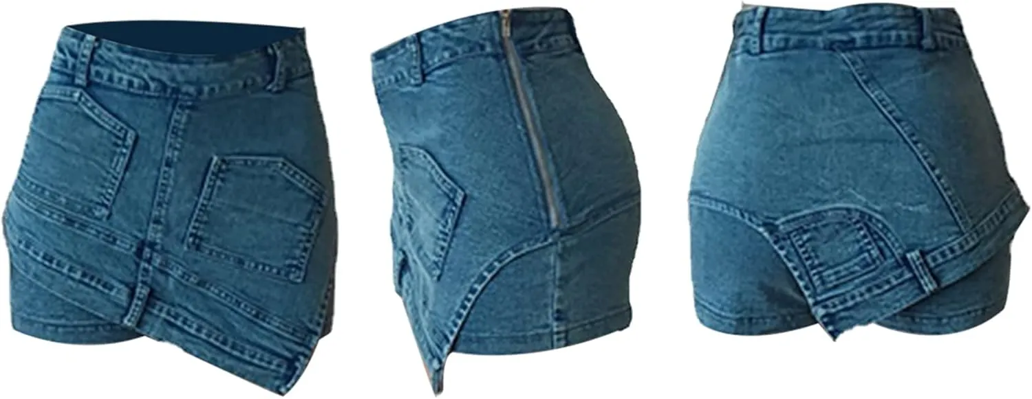 Denim Skirt Shorts for Women Casual High Waisted Asymmetrical Shorts with Pockets