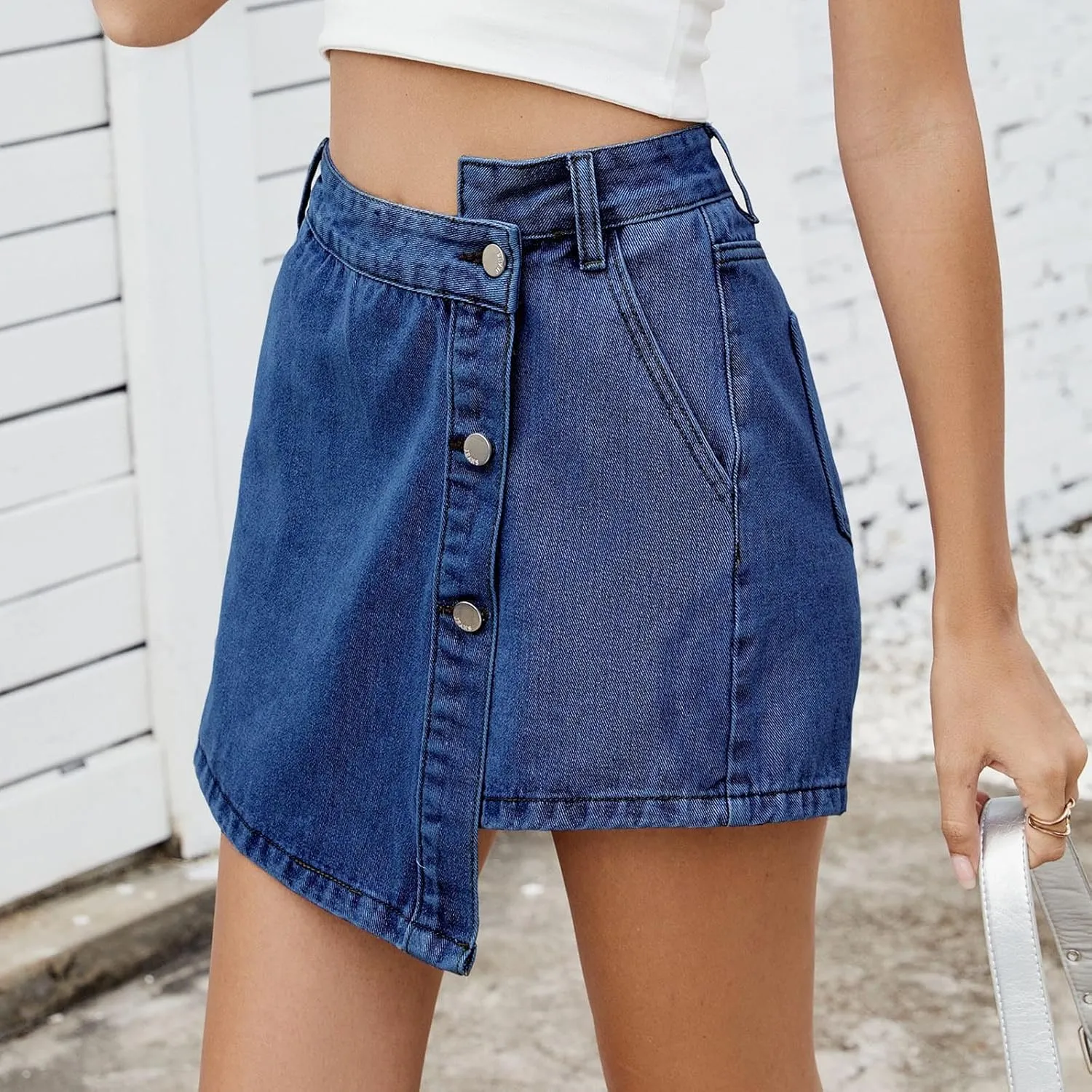 Denim Skorts for Women Stretchy High-Waisted Wrap Skirt Shorts Trendy Slit Asymmetrical Mini Shorts