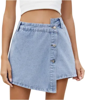 Denim Skorts for Women Stretchy High-Waisted Wrap Skirt Shorts Trendy Slit Asymmetrical Mini Shorts