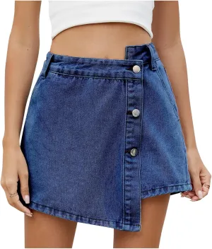 Denim Skorts for Women Stretchy High-Waisted Wrap Skirt Shorts Trendy Slit Asymmetrical Mini Shorts