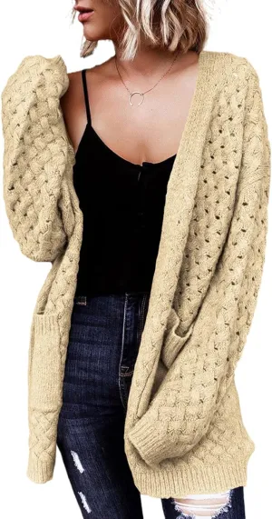 Dokotoo Women's 2024 Fashion Casual Open Front Long Sleeve Chunky Cable Knit Cardigans Sweaters Outerwear Coats with Pockets