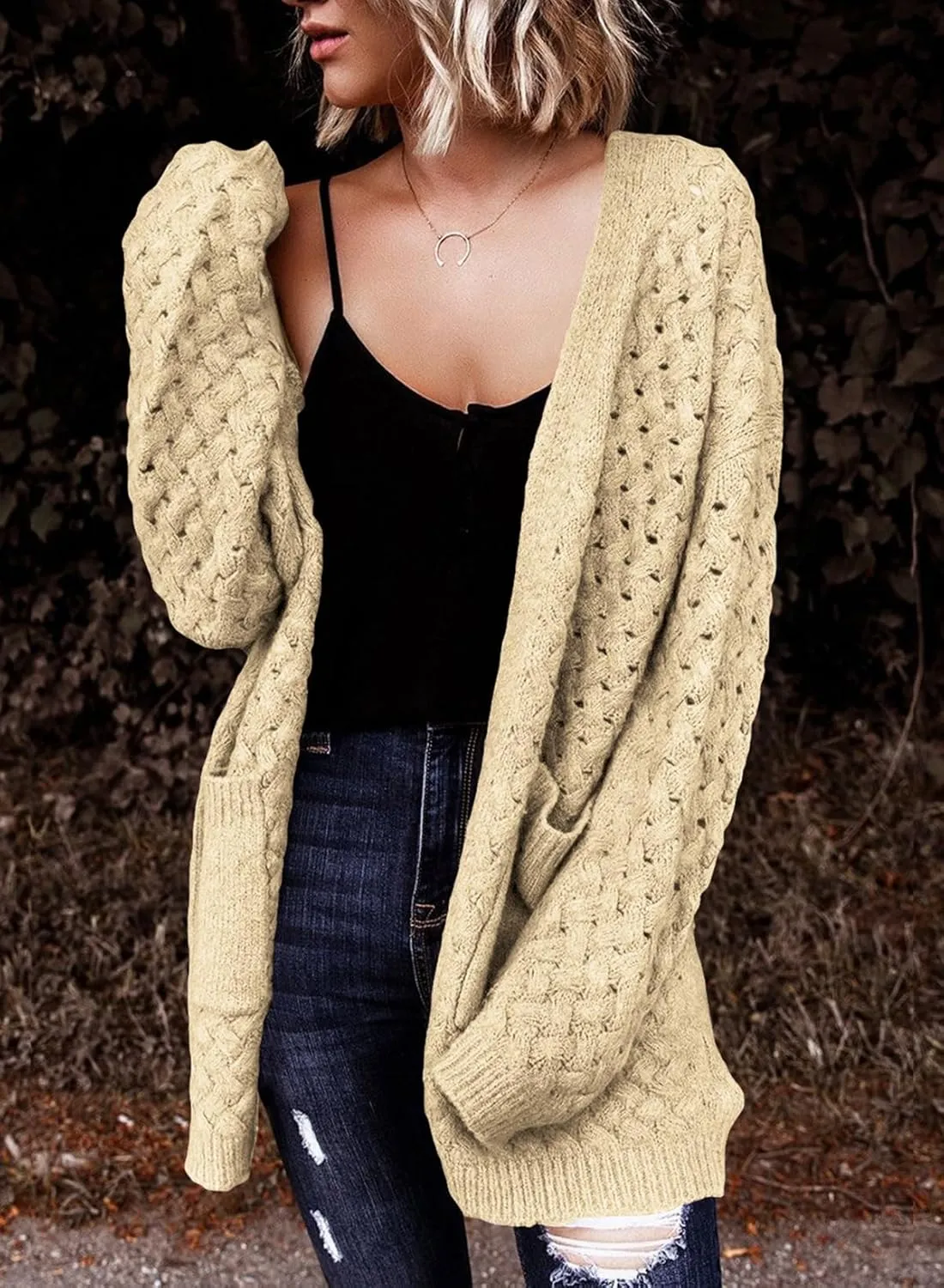 Dokotoo Women's 2024 Fashion Casual Open Front Long Sleeve Chunky Cable Knit Cardigans Sweaters Outerwear Coats with Pockets