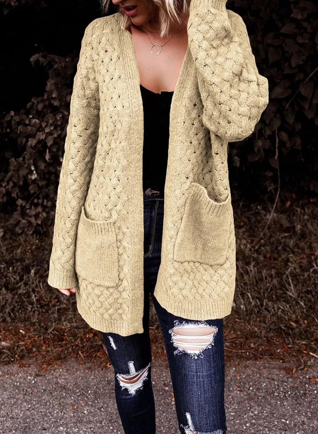 Dokotoo Women's 2024 Fashion Casual Open Front Long Sleeve Chunky Cable Knit Cardigans Sweaters Outerwear Coats with Pockets