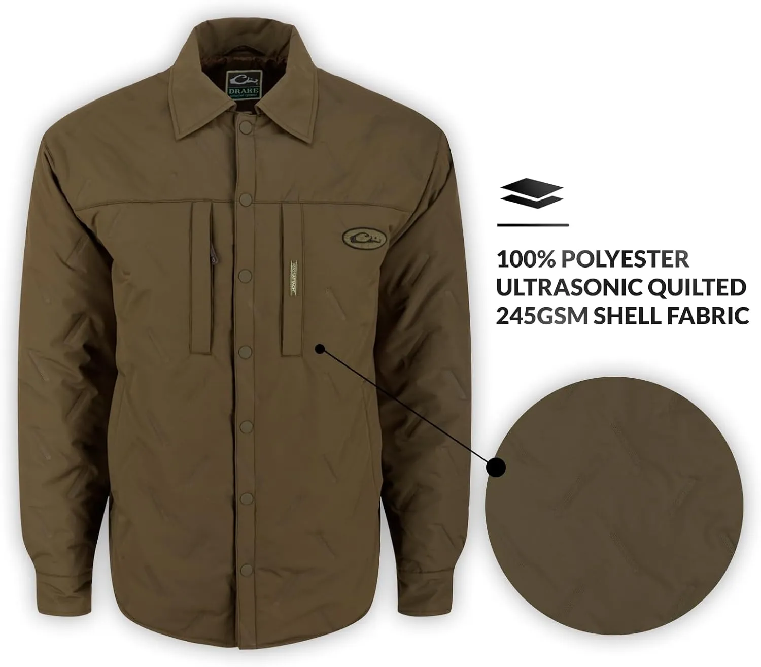 DRAKE Men's LST Double Down Jac-Shirt Insulated Water-Repellent Resistant Quilted Button-Down Outdoor Hunting Hiking Jacket