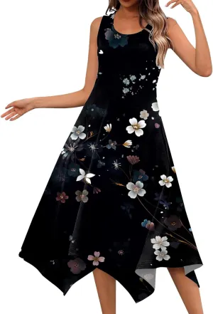 Dresses for Women 2024 Round Neck Floral Print Maxi Dress Sleeveless Flowy Beach Dresses Hankerchief Hem Dress