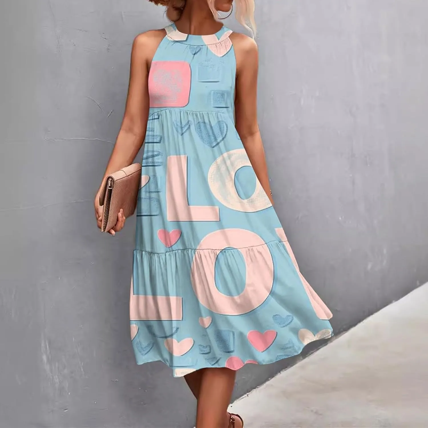 Dresses for Women 2025 Sleeveless Floral Print Tank Dresses Hanging Neck Splicing Midi Dresses Loose Sundresses