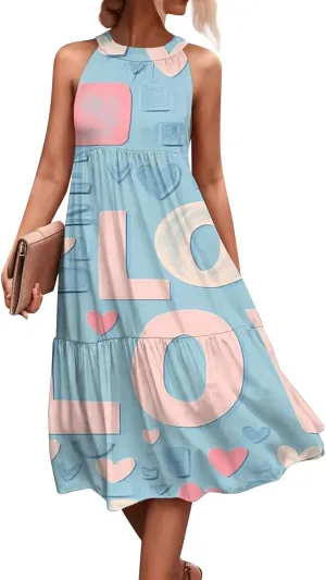 Dresses for Women 2025 Sleeveless Floral Print Tank Dresses Hanging Neck Splicing Midi Dresses Loose Sundresses
