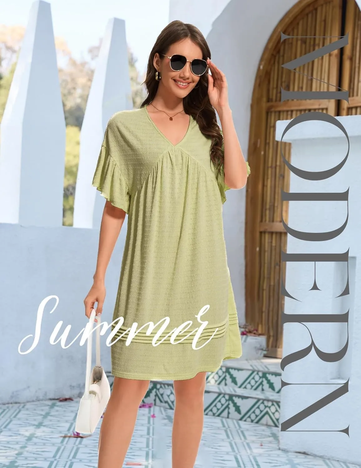 DRESSTELLS Womens Casual Dresses 2025 Spring Flowy Aline V Neck Ruffle T Shirt Summer Dress