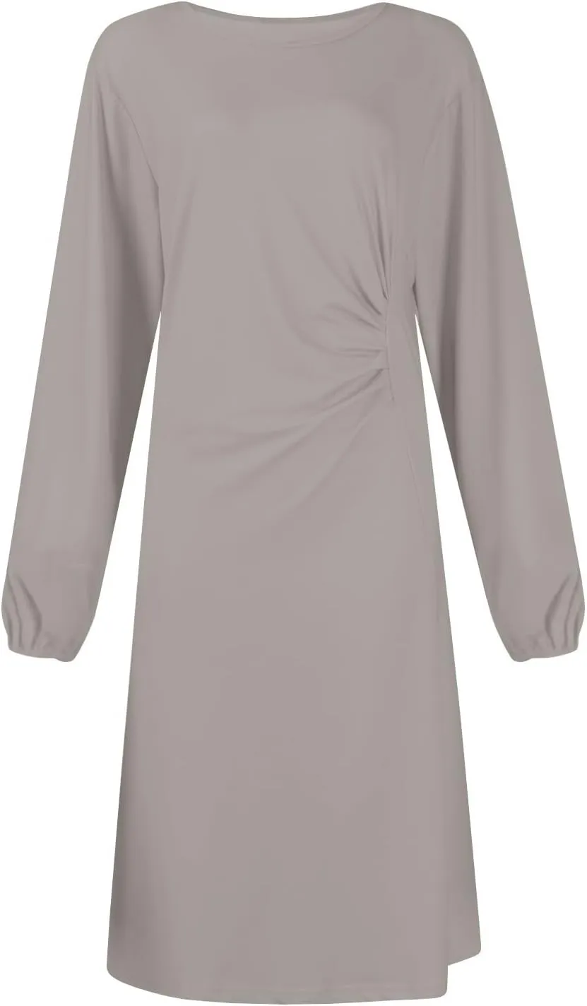 Elegant Women's Long Sleeve Midi Dress with Asymmetrical Hem and Waist Detail Perfect for Casual or Fashion
