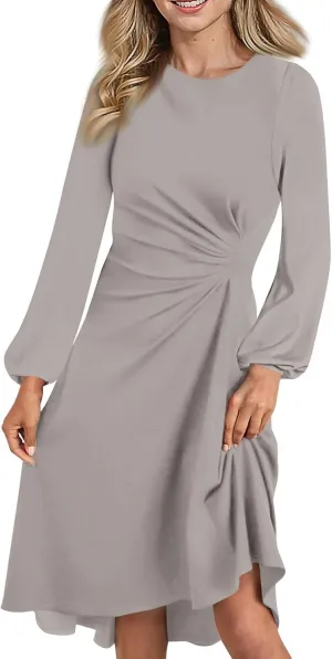 Elegant Women's Long Sleeve Midi Dress with Asymmetrical Hem and Waist Detail Perfect for Casual or Fashion