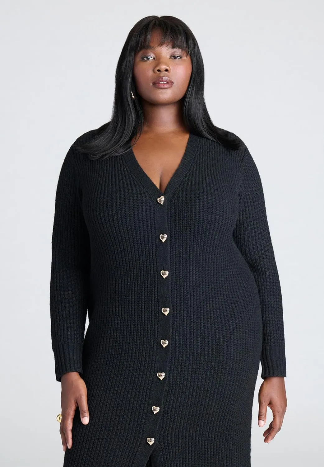 ELOQUII Women's Plus Size Heart Button Sweater Dress