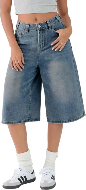 EMMIOL Women Jean Jorts Baggy Loose Fit Jean Shorts 2025 Summer Trendy Wide Leg Long Denim Shorts Y2K Clothes