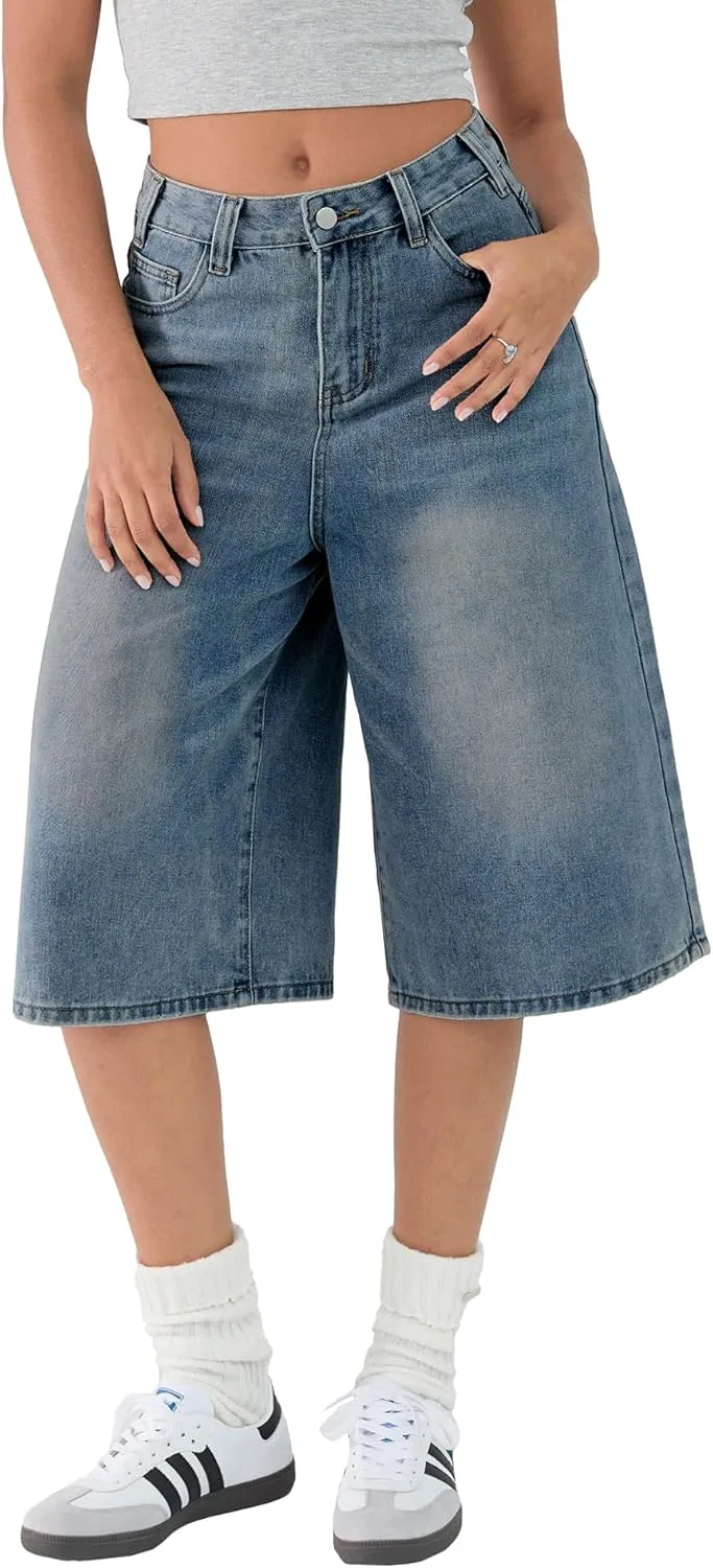 EMMIOL Women Jean Jorts Baggy Loose Fit Jean Shorts 2025 Summer Trendy Wide Leg Long Denim Shorts Y2K Clothes