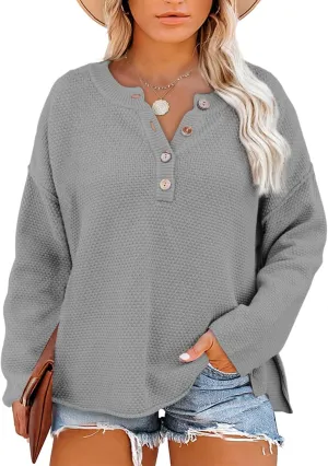 Eytino Womens Plus Size Sweaters Casual Long Sleeve Loose V Neck Button Henley Tops Pullover Knit Jumpers,(1X-5X)