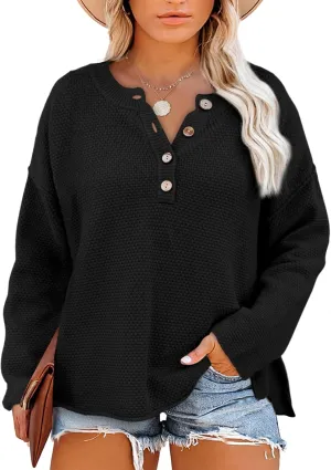 Eytino Womens Plus Size Sweaters Casual Long Sleeve Loose V Neck Button Henley Tops Pullover Knit Jumpers,(1X-5X)