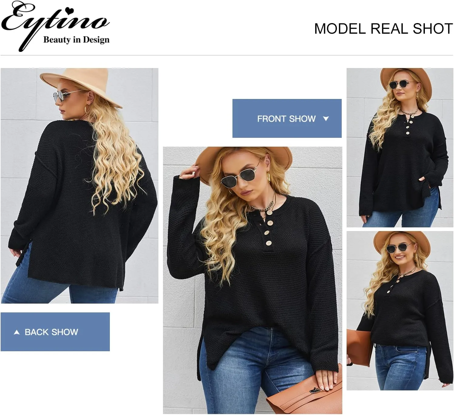 Eytino Womens Plus Size Sweaters Casual Long Sleeve Loose V Neck Button Henley Tops Pullover Knit Jumpers,(1X-5X)