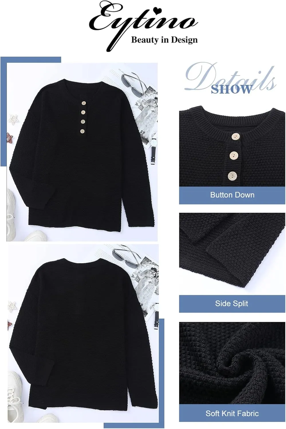 Eytino Womens Plus Size Sweaters Casual Long Sleeve Loose V Neck Button Henley Tops Pullover Knit Jumpers,(1X-5X)