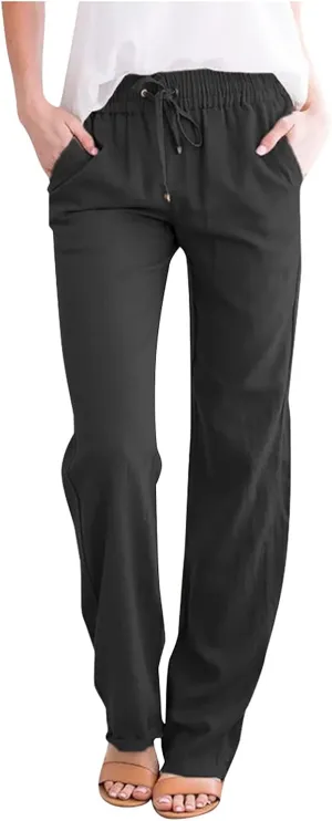 fartey Linen Pants Women Summer Casual Straight Leg Pants Drawstring Elastic High Waist Loose Comfy Trousers with Pockets