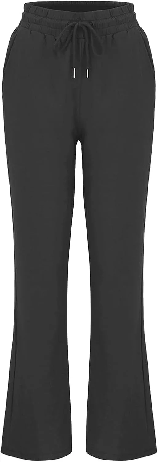 fartey Linen Pants Women Summer Casual Straight Leg Pants Drawstring Elastic High Waist Loose Comfy Trousers with Pockets