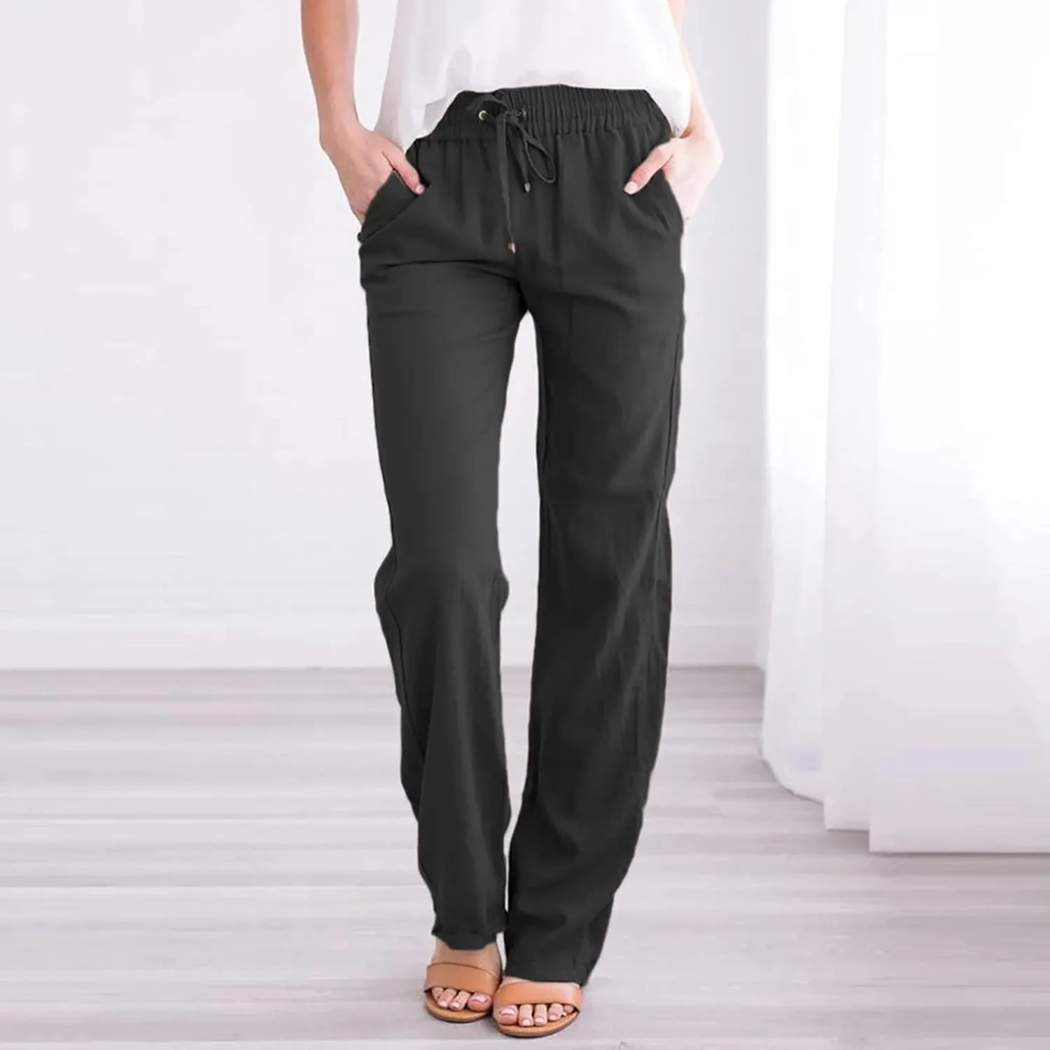 fartey Linen Pants Women Summer Casual Straight Leg Pants Drawstring Elastic High Waist Loose Comfy Trousers with Pockets