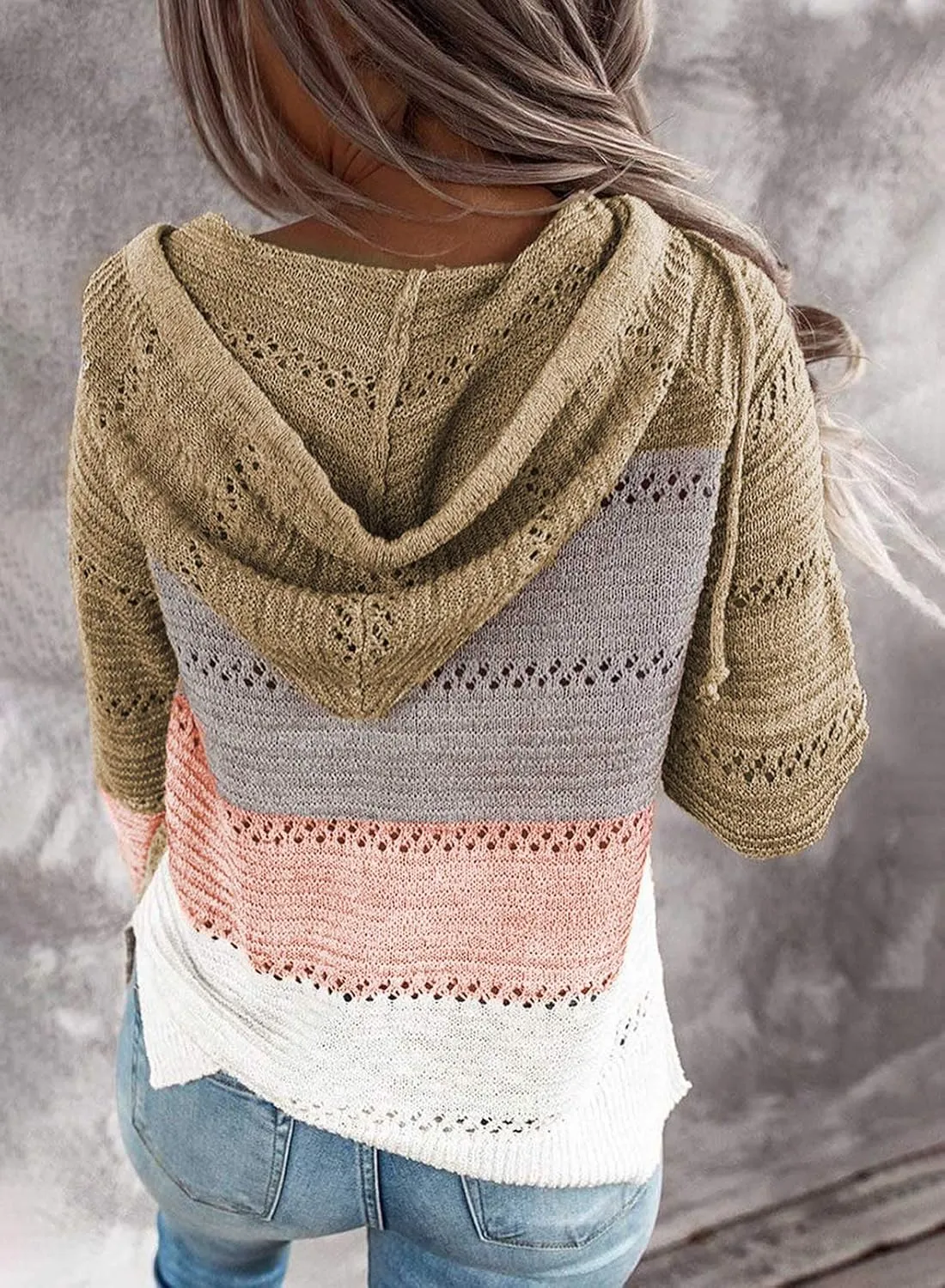 FEKOAFE Women's 2025 Fall Striped Color Block Hoodies Fashion V Neck Knit Sweater Pullovers