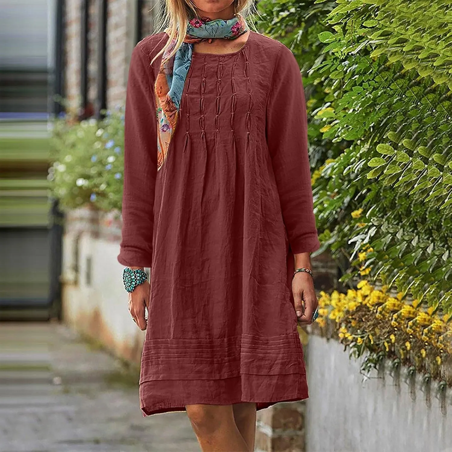 Finelylove Womens Summer Cotton Linen Dresses Short Flowy Beach Dress Long Sleeve Ruffled Shift Dress Casual Loose Sundress
