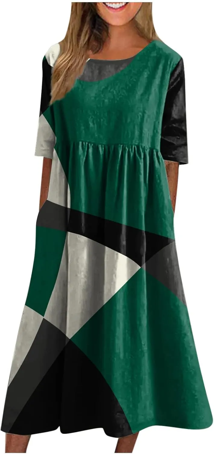 FlekmanArt Dresses for Women 2025 Short Sleeve Pocket Dresses Pleated Printed Beach Dress Round Neck Loose Maxi Dress