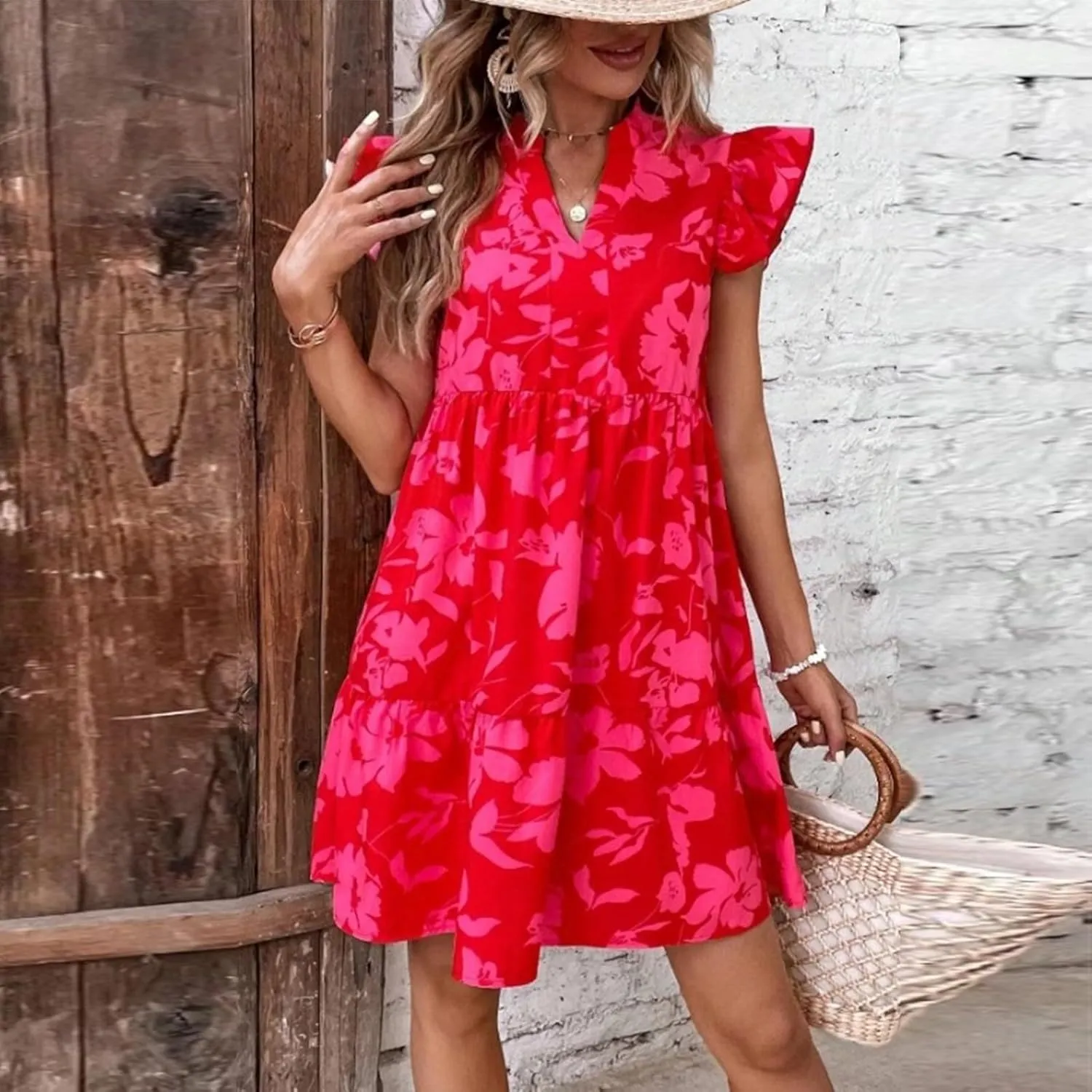 Floral Dress for Women Summer V Neck Ruffle Cap Sleeve Midi Dresses Flowy Boho Casual Beach Vacation Dress