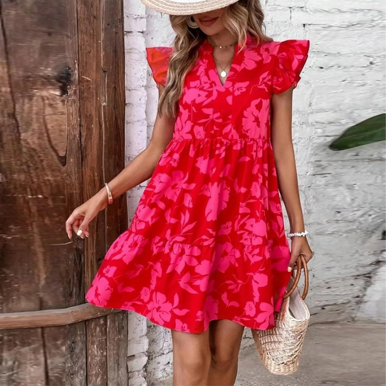 Floral Dress for Women Summer V Neck Ruffle Cap Sleeve Midi Dresses Flowy Boho Casual Beach Vacation Dress