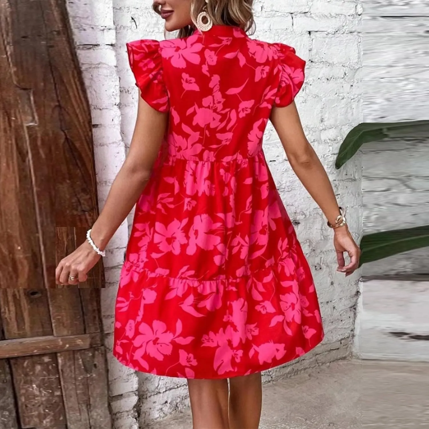 Floral Dress for Women Summer V Neck Ruffle Cap Sleeve Midi Dresses Flowy Boho Casual Beach Vacation Dress