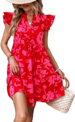 Floral Dress for Women Summer V Neck Ruffle Cap Sleeve Midi Dresses Flowy Boho Casual Beach Vacation Dress