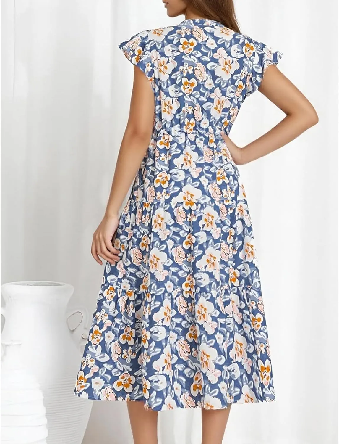 Floral Midi Dresses for Women Summer 2025 Boho Ruffle Sleeve V Neck Smocked Dress Long Flowy A Line Knot Beach Sundress