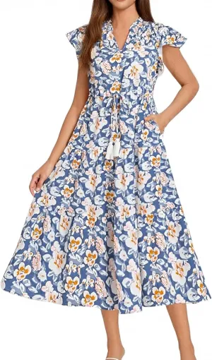 Floral Midi Dresses for Women Summer 2025 Boho Ruffle Sleeve V Neck Smocked Dress Long Flowy A Line Knot Beach Sundress