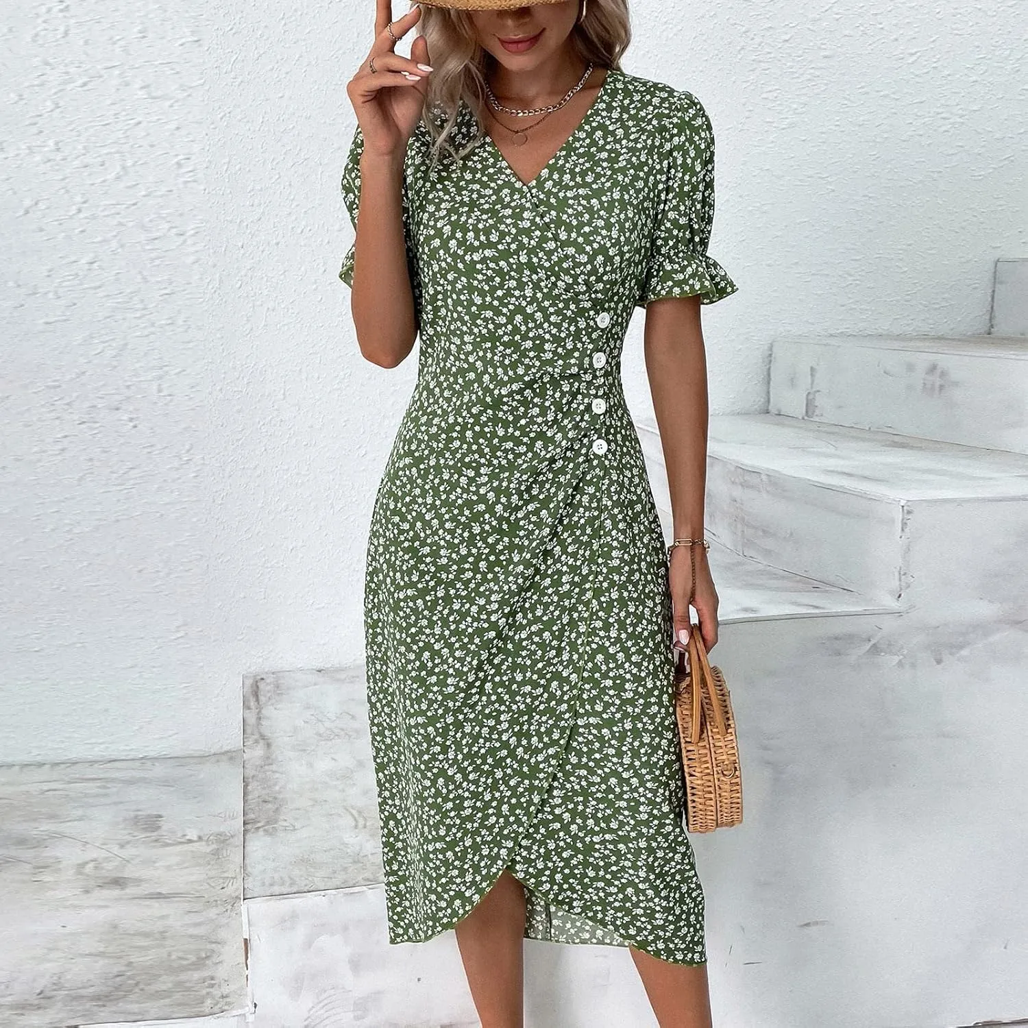 Floral Vacation Dresses for Women: Trendy V-Neck Ruched Short/Long Sleeve Dress - Casual Fashion for Spring/Summer