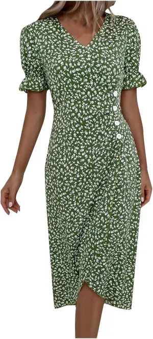 Floral Vacation Dresses for Women: Trendy V-Neck Ruched Short/Long Sleeve Dress - Casual Fashion for Spring/Summer