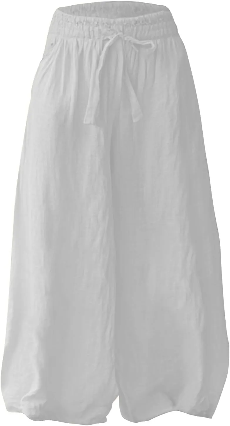 Flowy Pants for Women Baggy High Waist Drawsting Linen Palazzo Trouser Boho Floral Embroidered Wide Leg Beach Bottoms
