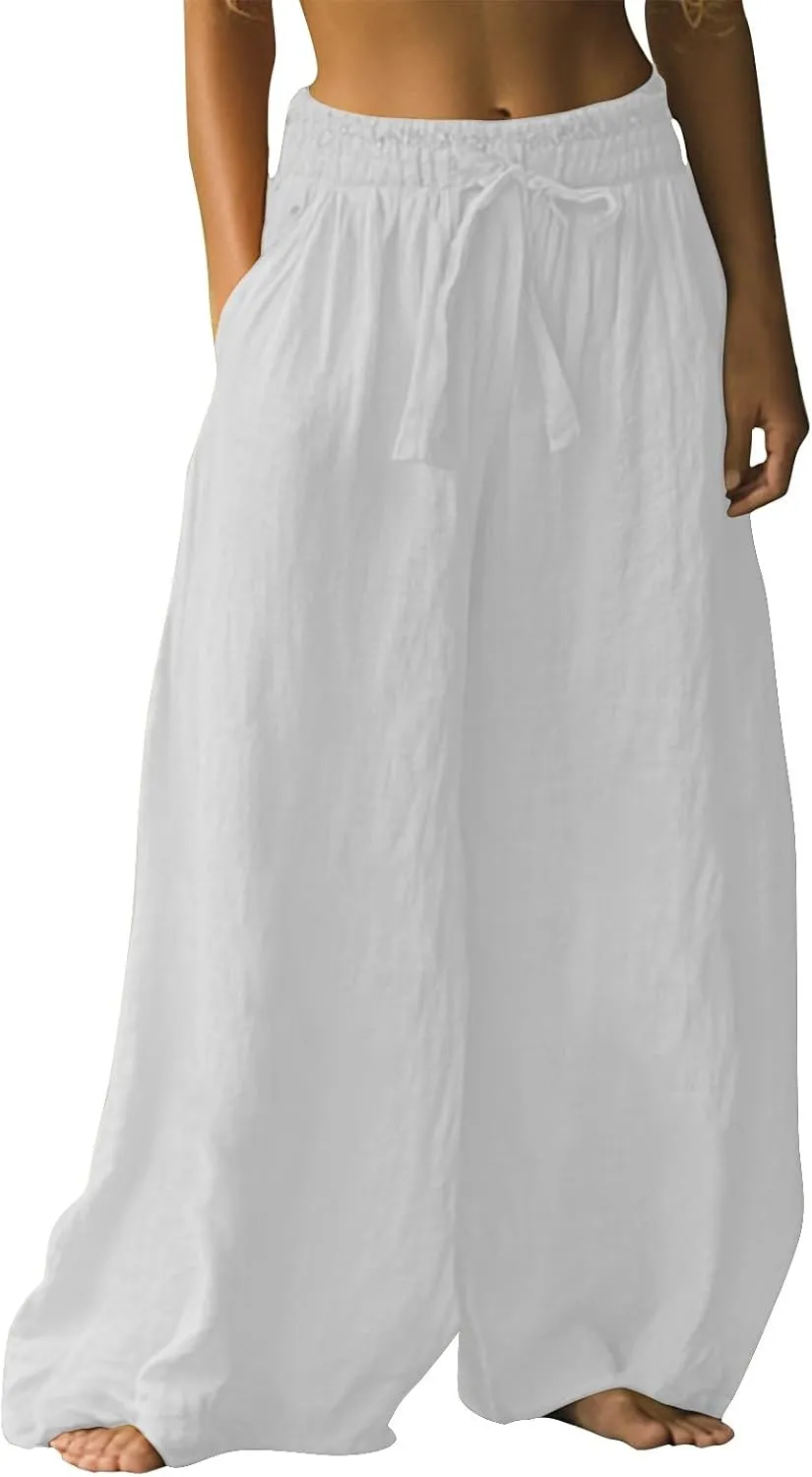 Flowy Pants for Women Baggy High Waist Drawsting Linen Palazzo Trouser Boho Floral Embroidered Wide Leg Beach Bottoms