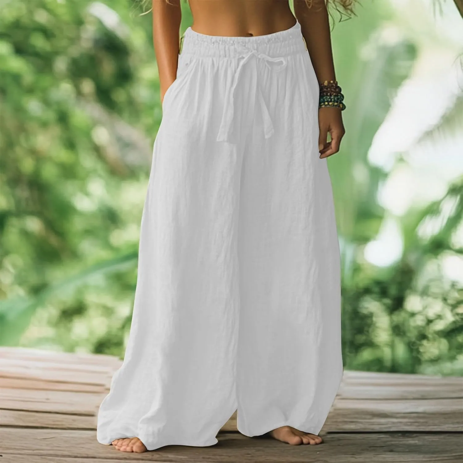 Flowy Pants for Women Baggy High Waist Drawsting Linen Palazzo Trouser Boho Floral Embroidered Wide Leg Beach Bottoms