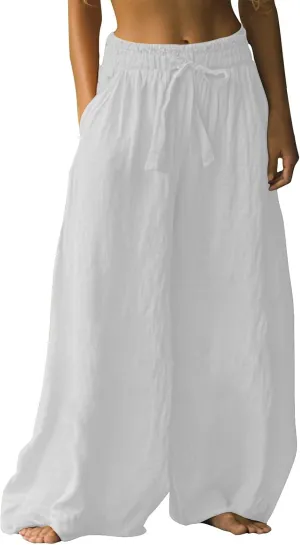 Flowy Pants for Women Baggy High Waist Drawsting Linen Palazzo Trouser Boho Floral Embroidered Wide Leg Beach Bottoms