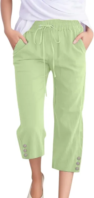 FZVYD Capri Pants for Women Casual 2024 Summer Drawstring Elastic High Waist Linen Pant Straight Wide Leg Cropped Trouser
