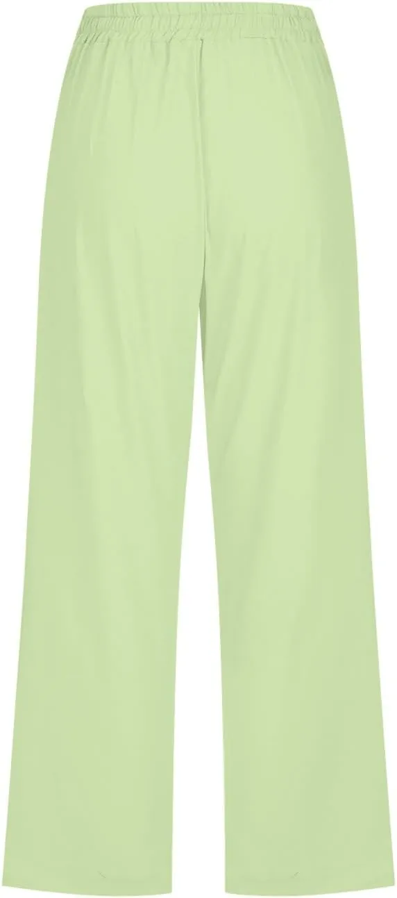 FZVYD Capri Pants for Women Casual 2024 Summer Drawstring Elastic High Waist Linen Pant Straight Wide Leg Cropped Trouser