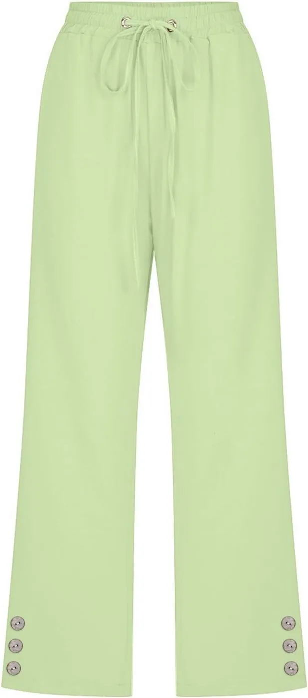 FZVYD Capri Pants for Women Casual 2024 Summer Drawstring Elastic High Waist Linen Pant Straight Wide Leg Cropped Trouser