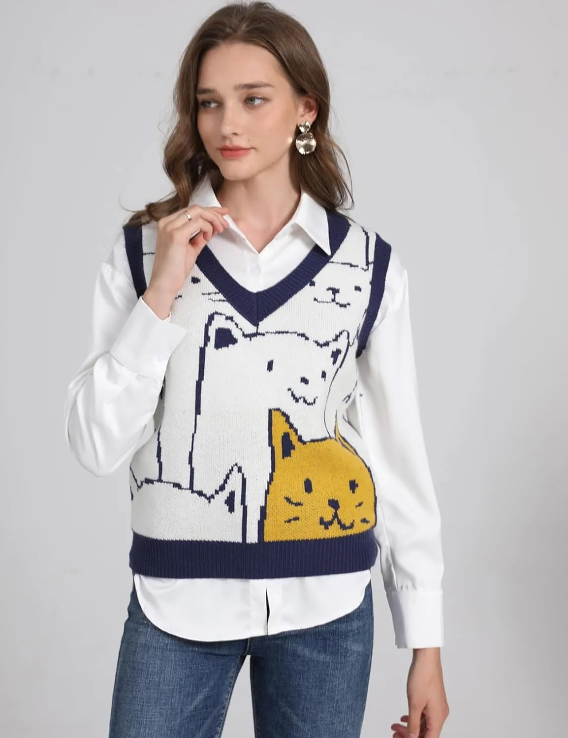 Gihuo Womens Cat Sweater Vest V Neck Y2k Graphic Knitted Vests Pullover Sleeveless Knitwear Cute Tunic Knit Top