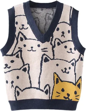 Gihuo Womens Cat Sweater Vest V Neck Y2k Graphic Knitted Vests Pullover Sleeveless Knitwear Cute Tunic Knit Top