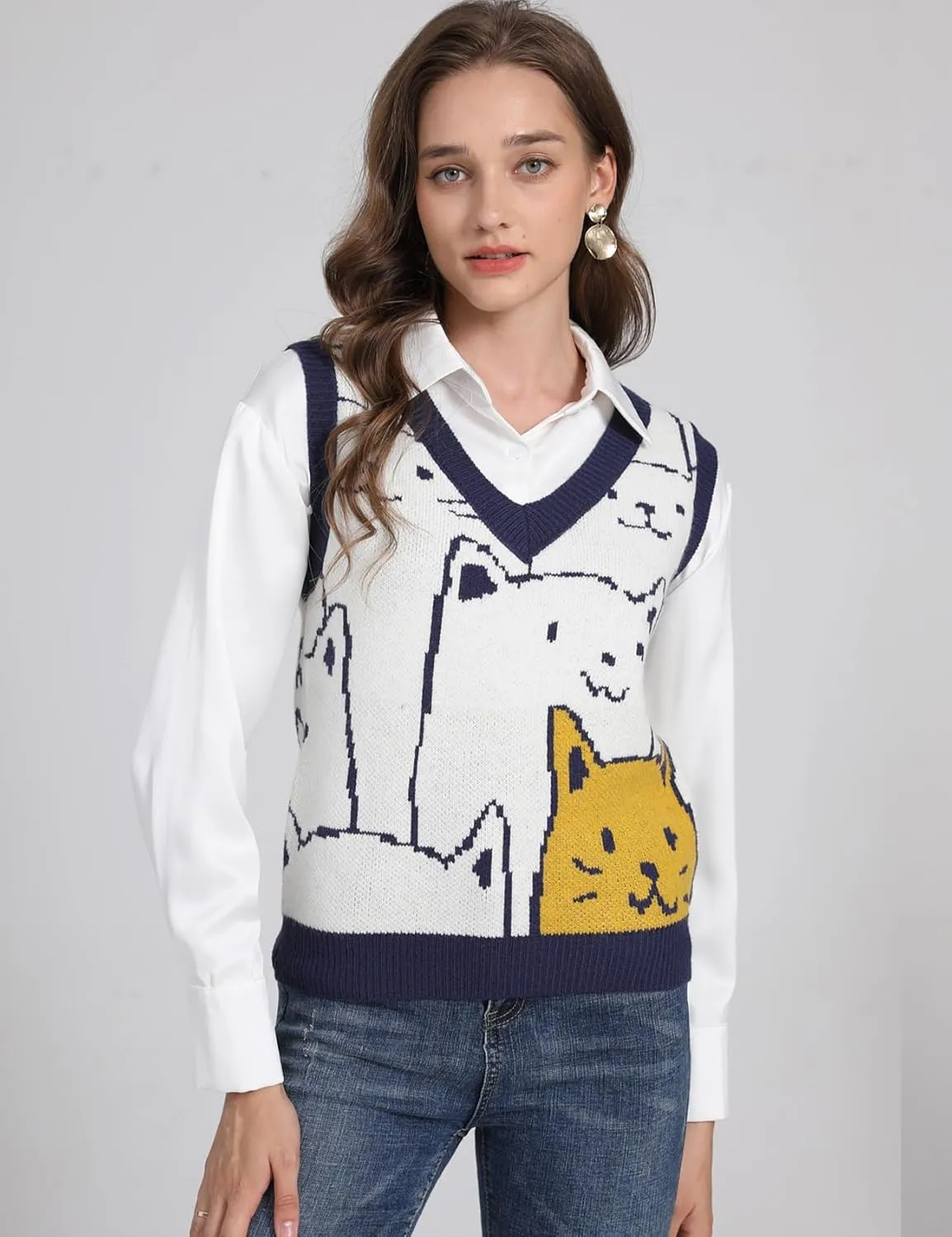 Gihuo Womens Cat Sweater Vest V Neck Y2k Graphic Knitted Vests Pullover Sleeveless Knitwear Cute Tunic Knit Top